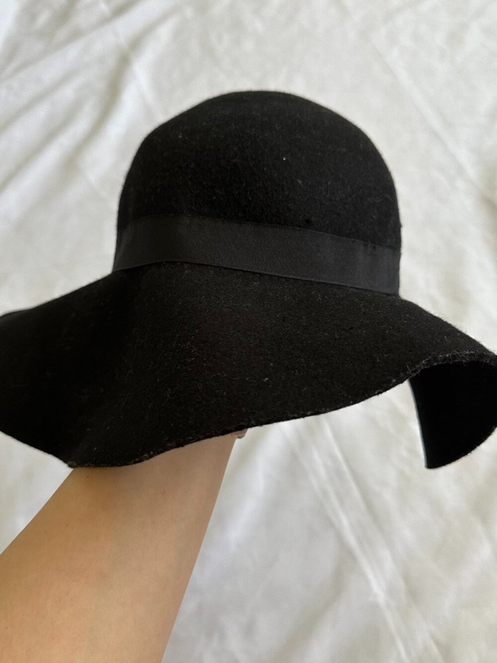 Black Felt Wide Brim Floppy Hat Women's Classic Ribbon Fedora Boho